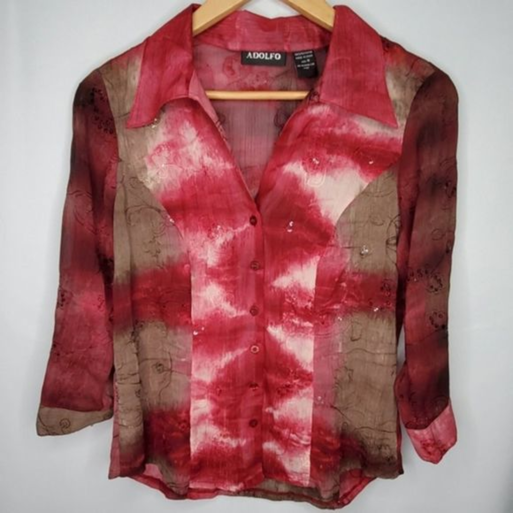 Adolfo Red Brown‎ Tie Dye Sheer Sequined Blouse M